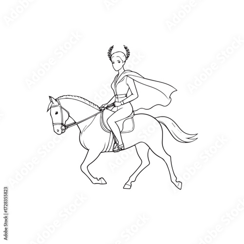 Black and white line art of a beautiful woman with perfect body riding horse elegant minimalist illustration