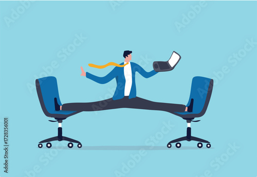 Flexible work, let employee manage their working time to finish project concept, smart relax businessman working with laptop computer stretching his leg between chairs balance like yoga.