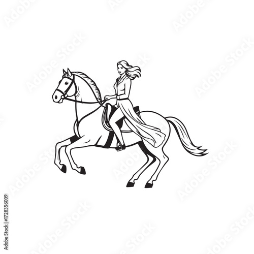 Black and white line art of a beautiful woman with perfect body riding horse elegant minimalist illustration