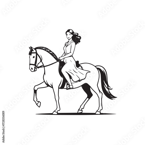 Black and white line art of a beautiful woman with perfect body riding horse elegant minimalist illustration