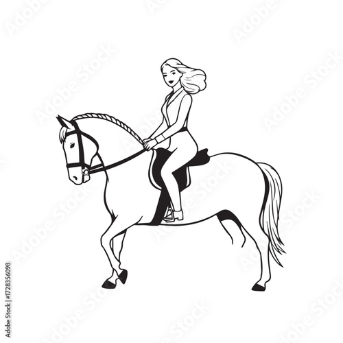 Black and white line art of a beautiful woman with perfect body riding horse elegant minimalist illustration