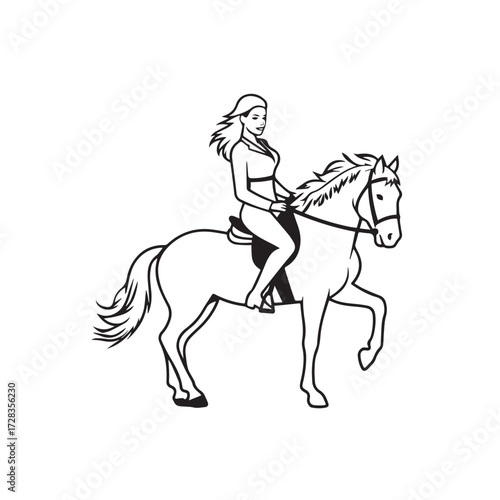 Black and white line art of a beautiful woman with perfect body riding horse elegant minimalist illustration