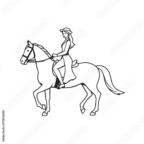 Black and white line art of a beautiful woman with perfect body riding horse elegant minimalist illustration