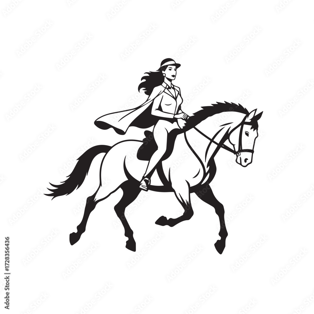 Obraz premium Black and white line art of a beautiful woman with perfect body riding horse elegant minimalist illustration