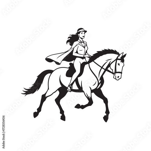 Black and white line art of a beautiful woman with perfect body riding horse elegant minimalist illustration