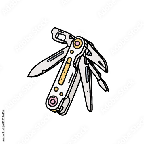 Colorful Outline Illustration of a Versatile Multi Tool with Open Blades
