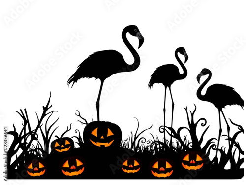 Creative New Silhouette Style Vector Design Showcasing the Unconventional Duo of Modern Flamingos and Spooky Pumpkins, Perfect for Offbeat Holiday Themes.