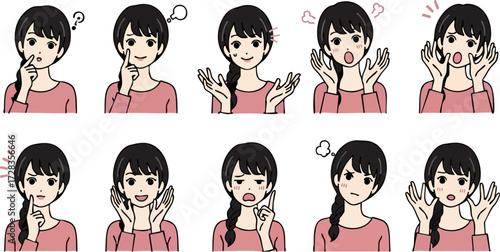 Cartoon Woman Expressing Various Emotions and Thoughts in Different Poses