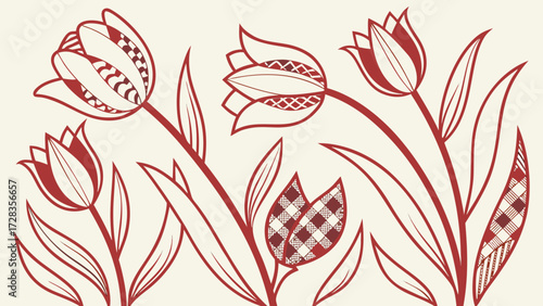 tulip Cultural Motif Vector gingham  Pattern with Abstract Lines and Vintage Color Tones in Decorative