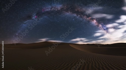 Desert landscape under a vibrant, star-filled Milky Way, showing dune ripples
