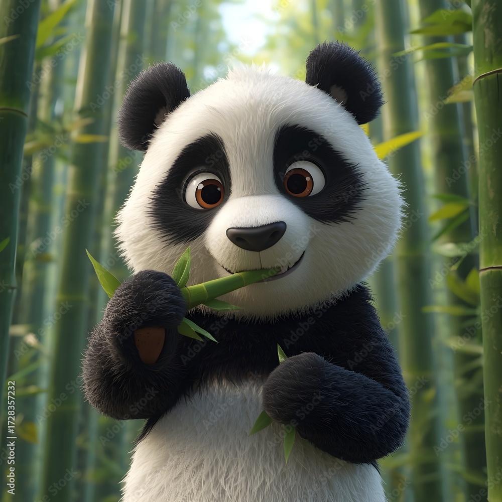Obraz premium Panda in bamboo forest. 3D animation style cute cartoon panda eating bamboo.