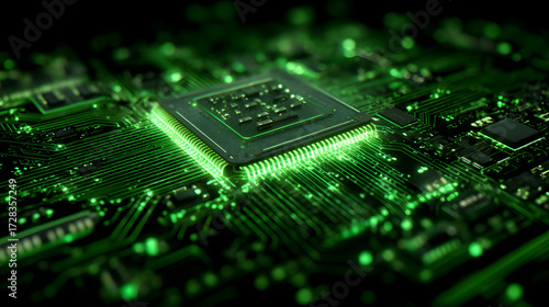 high tech energy circuit board glowing in green with digital streams of sustainable power futuristic interface style