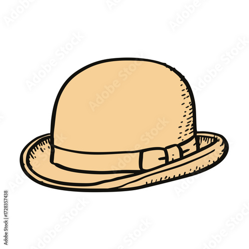 Vintage Handdrawn Detailed Bowler Hat Fashion Accessory Illustration
