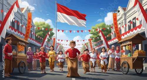 Vector Illustration of Indonesian Independence Day Celebration People Street Flag Bunting Cartoon Style