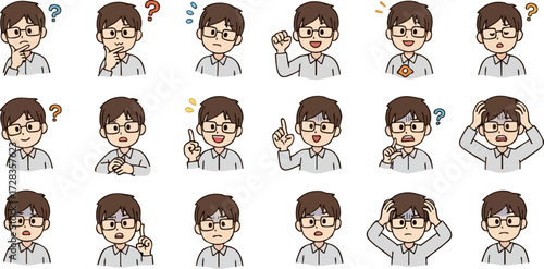 Collection of emotional expressions of a young man with glasses, showing various poses and feelings.