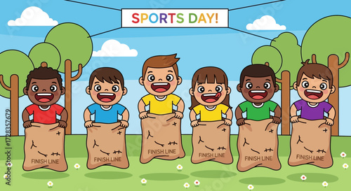 Illustration Vector Showing Cheerful Children in Sack Race for Sports Day Event Cartoon Style Trees Clouds and Green Grass