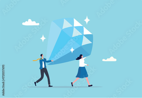 Core value or value proposition, CLV customer lifetime value or company valuation, profit or corporate worth concept, business people employees help carry big valuable diamond