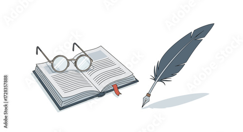 Vector Illustration with Open Book Eyeglasses and Quill Pen for Education Concepts in a Simple Flat Style