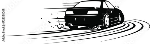 Black car drifting with tire marks isolated on white background, vector illustration of a sports car