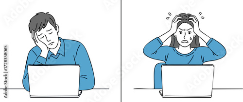 Depressed Man and Stressed Woman Working on Laptops, Illustration