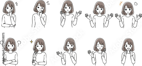Cute cartoon young woman with short brown hair expressing diverse emotions in simple line art illustration set.