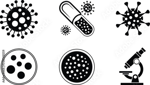 Microbiology icons set, virus symbols, petri dish, microscope, medication graphics, black vector illustration, lab science, pathogen, research tools
