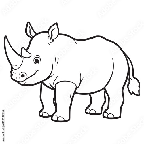 A charming black and white cartoon illustration of a rhinoceros with a friendly smile and a large horn