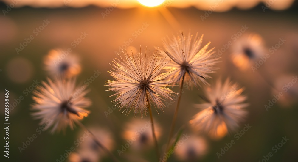 Obraz premium Fluffy dandelions golden sunset