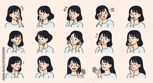 Diverse cartoon female characters expressing various emotions, featuring dark hair, light blue tops, and expressive hand gestures in a minimalist doodle style.