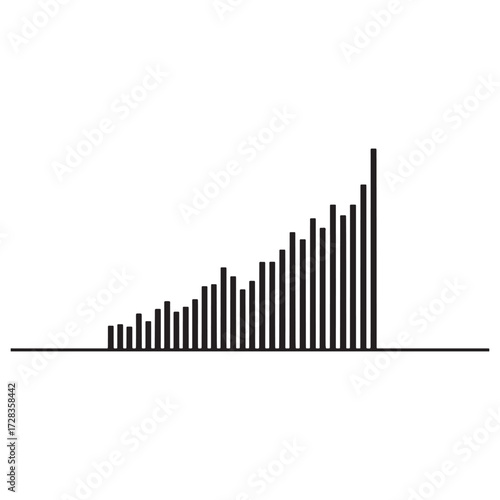 A simple black and white bar graph illustrating a steady upward trend with a significant peak at the end