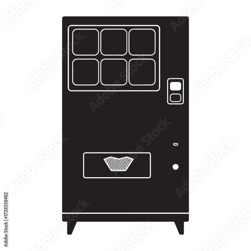 A simple black and white illustration of a classic vending machine with multiple product display windows and a dispensing slot