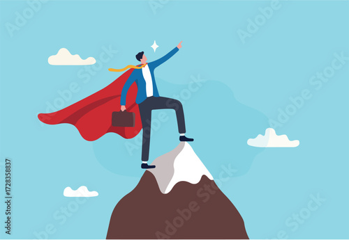 Ambition to success, motivation or aspiration to achieve goal, victory or career growth, challenge or aiming for success concept, successful businessman superhero pointing finger up on mountain peak. 