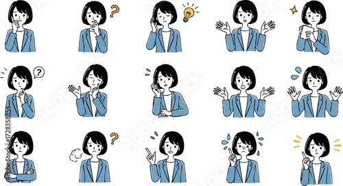Diverse Cartoon Woman Expressing Various Emotions and Poses in Illustration