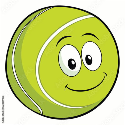 Smiling cartoon tennis ball with eyes and a curved line on white background character happy