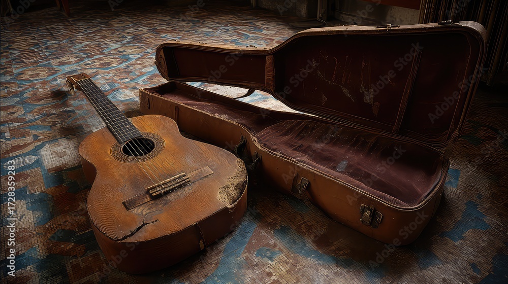 Obraz premium Old Acoustic Guitar Resting Beside Vintage Brown Case on Distressed Floor