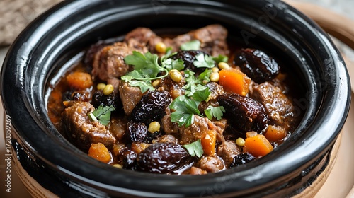 Meat and prune tagine garnished with fresh seeds