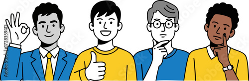 Diverse group of men showing positive gestures and thoughtful expressions
