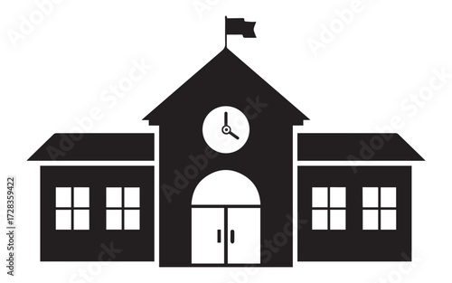 Silhouette of a school building with clock and flag isolated on white background
