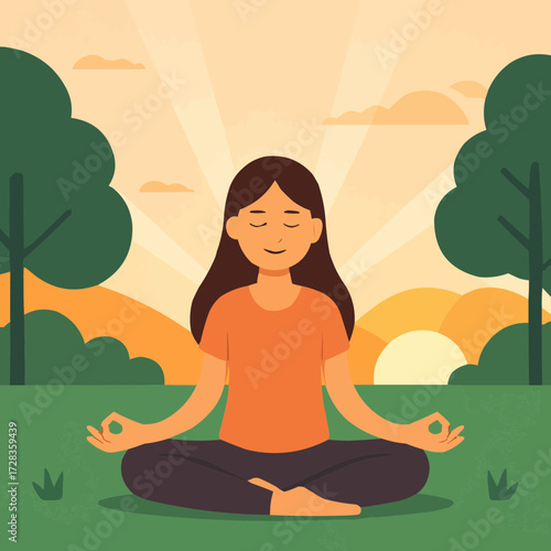 A flat vector illustration of a girl practicing yoga in a serene park at sunrise