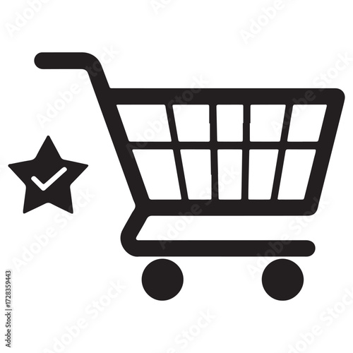 Icon representing a shopping cart with a star and checkmark indicating a favorite or saved item for online purchase
