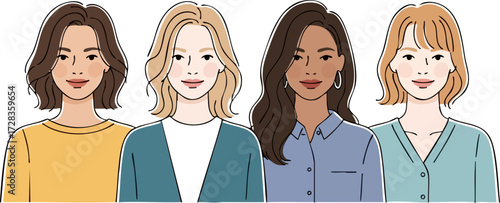 Diverse group of women with varied hairstyles and clothing styles