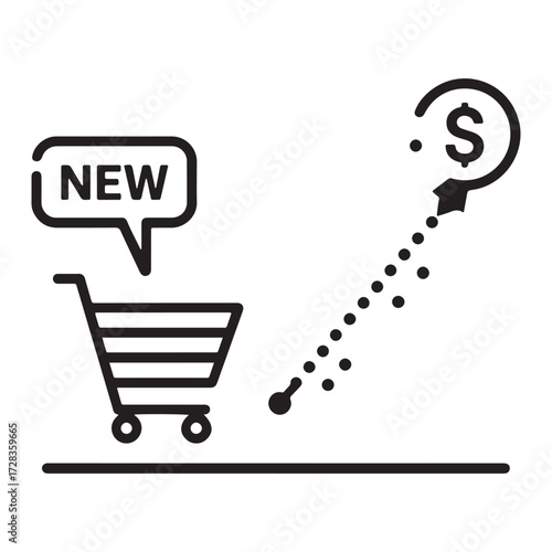 New product launch with uncertain financial outcome symbolized by question mark and dollar sign