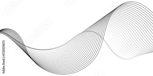 Abstract wave design with evenly spaced black lines creating fluid curves over a white canvas. The dynamic composition resembles vibration, frequency, or soundwave energy, blending simplicity