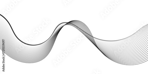 Elegant abstract wave made of parallel black lines forming a flowing curve on a white background. The gradient effect gives depth and movement, resembling a soundwave, vibration, or frequency pattern.