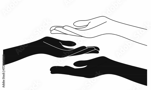 Vector hand illustration in outline and silhouette style showing asking gesture. Symbol of request, need, beg, plea, hope, support, charity, and human emotion.