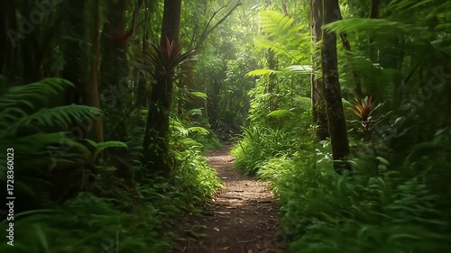 Lush tropical forest trail with ferns and vibrant flora, path bathed in sunbeams