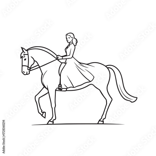 Black and white line art of a beautiful woman with perfect body riding horse elegant minimalist illustration