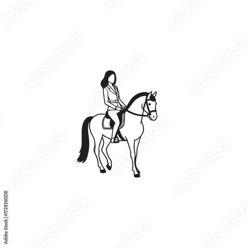 Black and white line art of a beautiful woman with perfect body riding horse elegant minimalist illustration