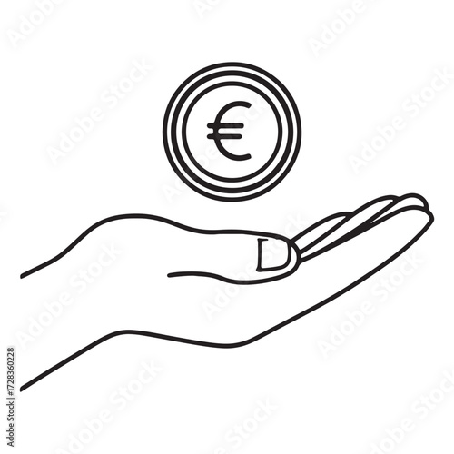 Simple line drawing of an open hand receiving a euro coin symbolizing financial support and investment opportunities