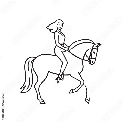 Black and white line art of a beautiful woman with perfect body riding horse elegant minimalist illustration